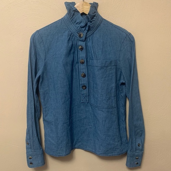 Tory Burch Chambray Ruffle Neck Blouse Size 2 Cotton Linen Blue - Picture 4 of 12